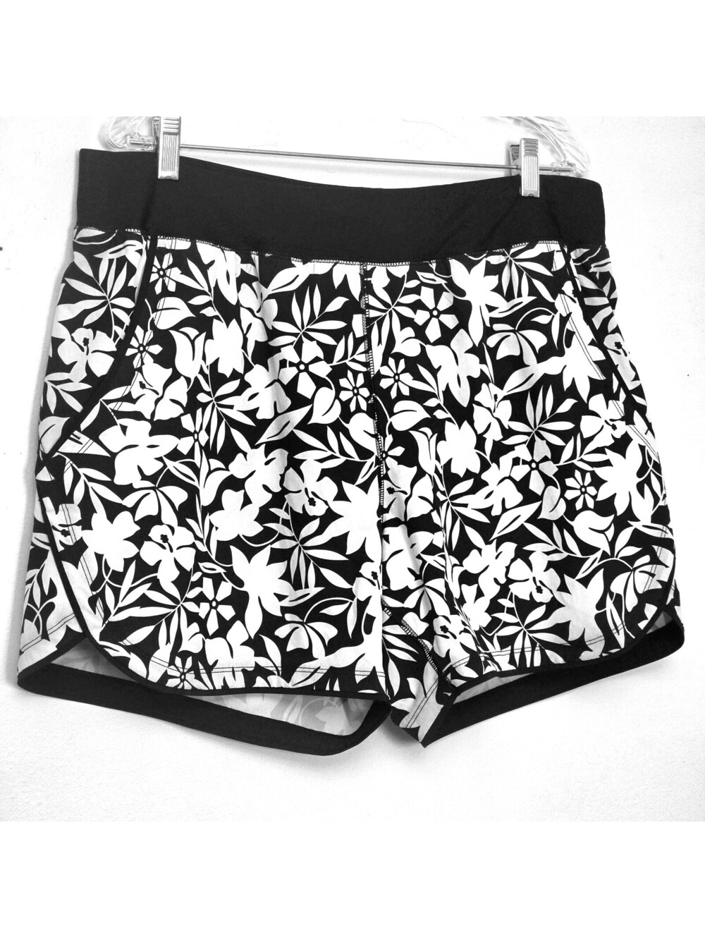 Lands' End 5" Quick Dry Elastic Waist Swim Shorts Black White Floral NWOT